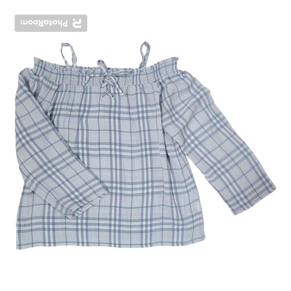 KidPik Plaid Smocked Cold Shoulder Top - Blue Bell